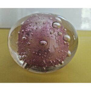 Art Glass Paperweight Artist Signed Pink Blown Bubbles 2 3/4"x 4"